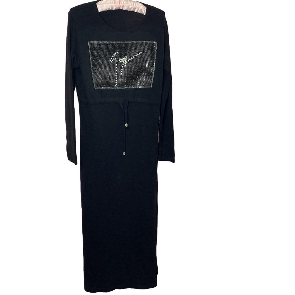 🌹 Harvest 🌹 Long Black Soft Knit Sequin Pearl Dress